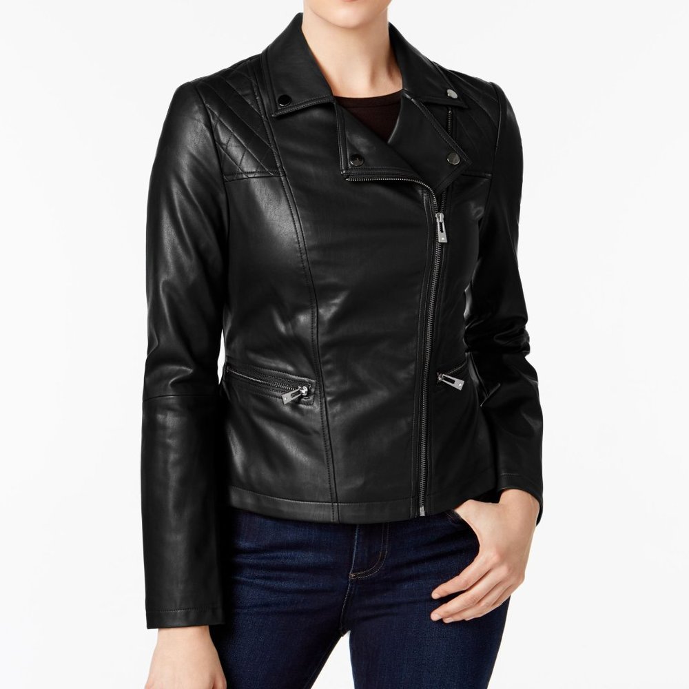 INC Faux Leather Zip-Up Black Moto Jacket